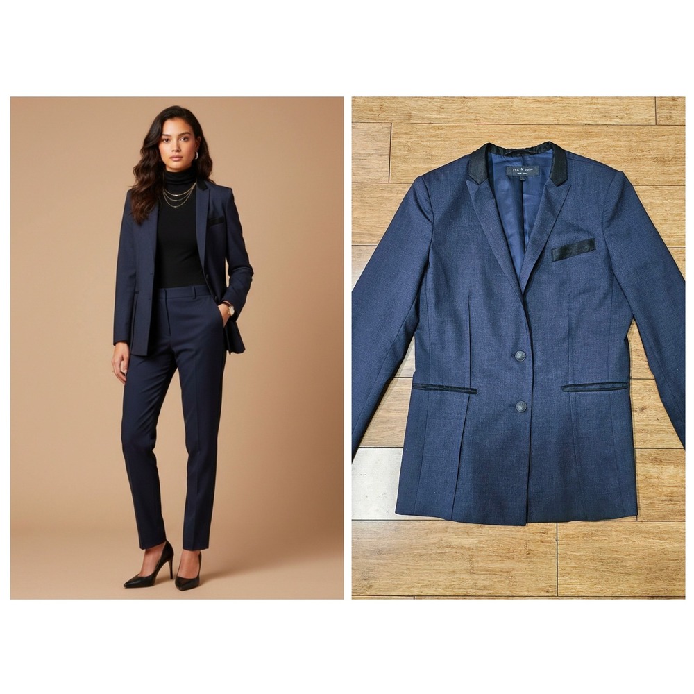 Rag & Bone Blazer Womens Size 8‎ Blue Wool Silk Trim Tuxedo Jacket Workwear
